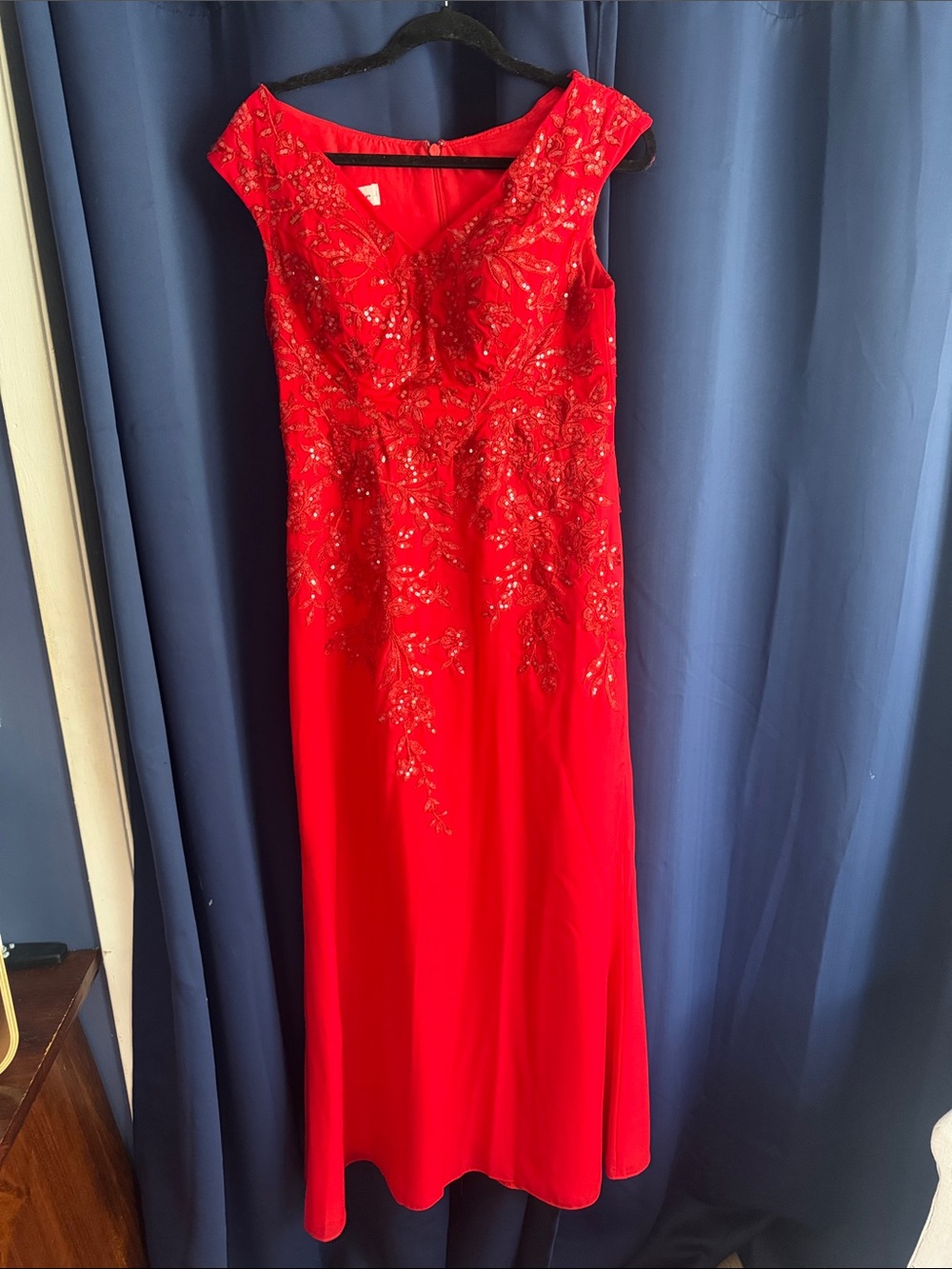 JJs House Red Beaded Cap-Sleeve Maxi Dress